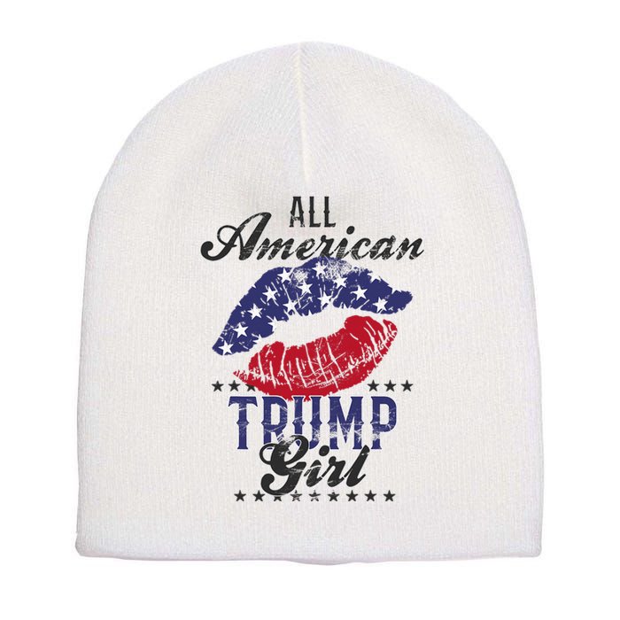 All American Trump Girl Usa Flag Lips Gop Vote 2024 Short Acrylic Beanie