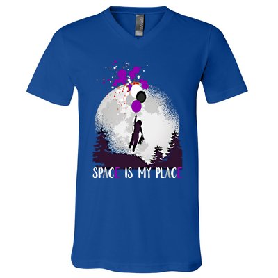 Asexual And Teddy Floating Space Is My Place Asexuality Gift V-Neck T-Shirt