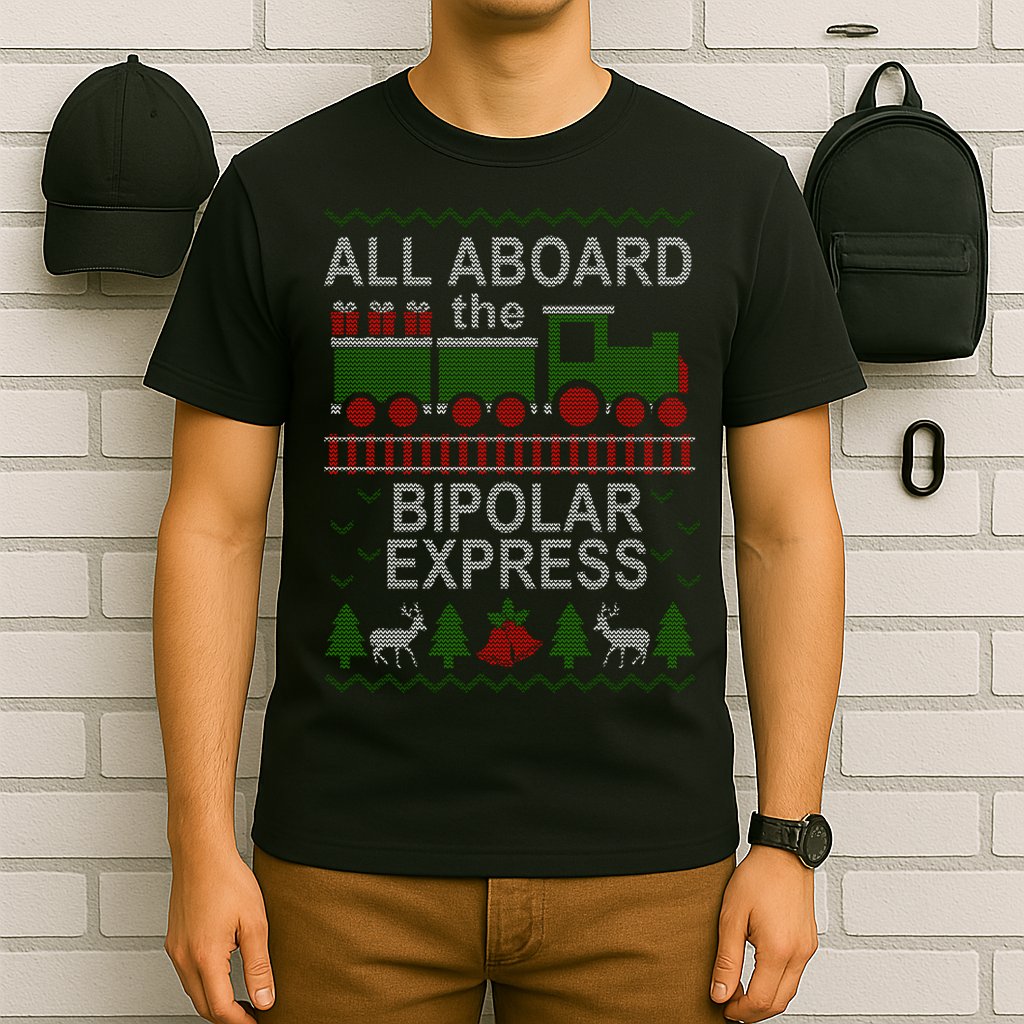 All Aboard The Bipolar Express Ugly Christmas T-Shirt