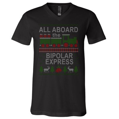 All Aboard The Bipolar Express Ugly Christmas V-Neck T-Shirt