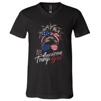 All American Trump Girl Messy Bun Trump Women Supporter 2024 V-Neck T-Shirt