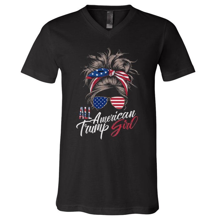 All American Trump Girl Messy Bun Trump Women Supporter 2024 V-Neck T-Shirt