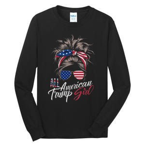 All American Trump Girl Messy Bun Trump Women Supporter 2024 Tall Long Sleeve T-Shirt