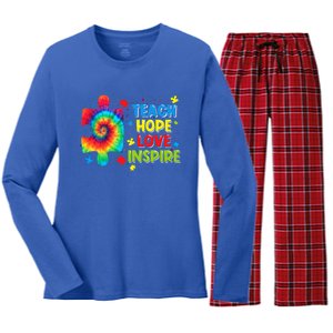 Autism Awareness Teacher Tie Dye Teach Hope Love Inspire Gift Women's Long Sleeve Flannel Pajama Set 