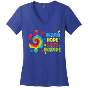 Autism Awareness Teacher Tie Dye Teach Hope Love Inspire Gift Women's V-Neck T-Shirt