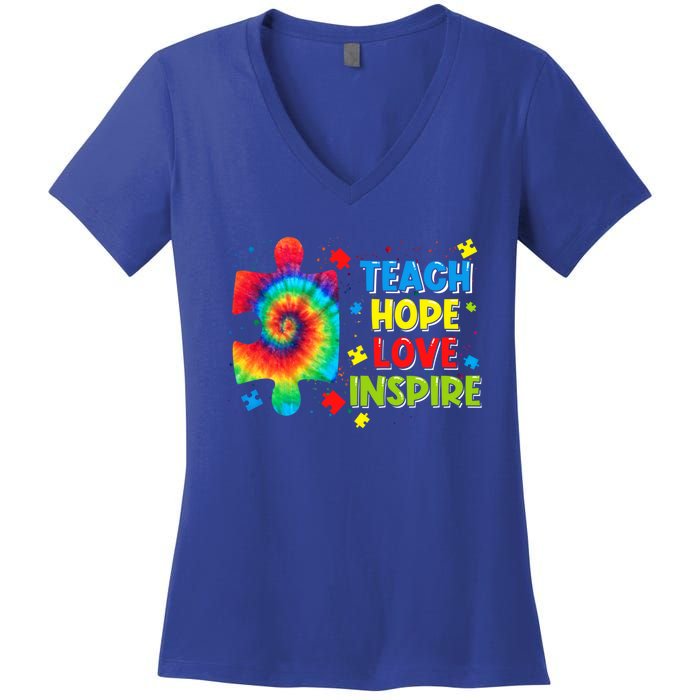 Autism Awareness Teacher Tie Dye Teach Hope Love Inspire Gift Women's V-Neck T-Shirt