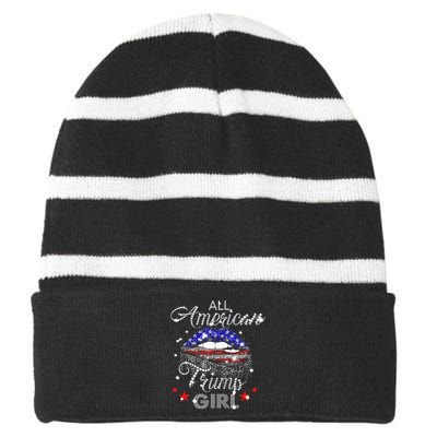 All American Trump Girl Mouth Diamond Striped Beanie with Solid Band