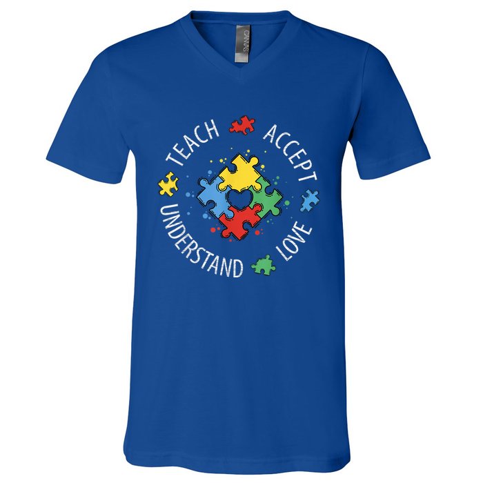 Autism Awareness Teacher Shirt Teach Accept Understand Love V-Neck T-Shirt