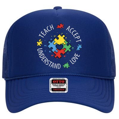 Autism Awareness Teacher Shirt Teach Accept Understand Love High Crown Mesh Back Trucker Hat