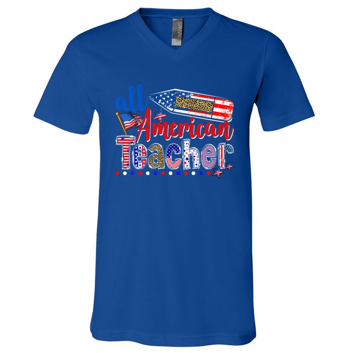 All American Teacher American Flag 4th Of July Usa Flag Gift V-Neck T-Shirt