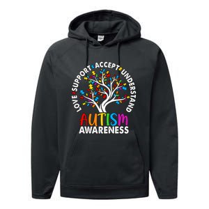 Autism Awareness Tree Love Support Accept Understand Performance Fleece Hoodie