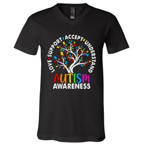 Autism Awareness Tree Love Support Accept Understand V-Neck T-Shirt