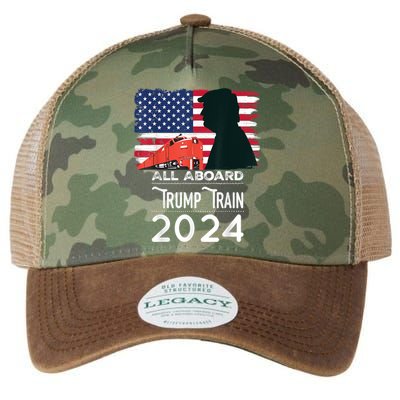 All Aboard Trump Train 2024 Vintage American Flag Legacy Tie Dye Trucker Hat