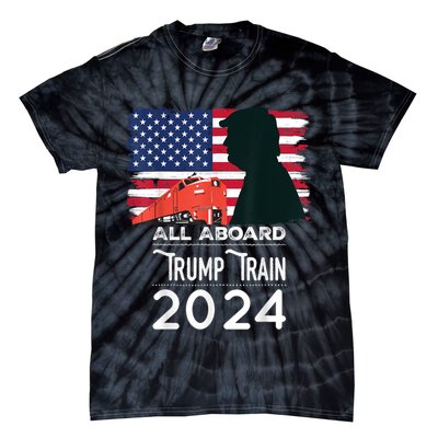 All Aboard Trump Train 2024 Vintage American Flag Tie-Dye T-Shirt