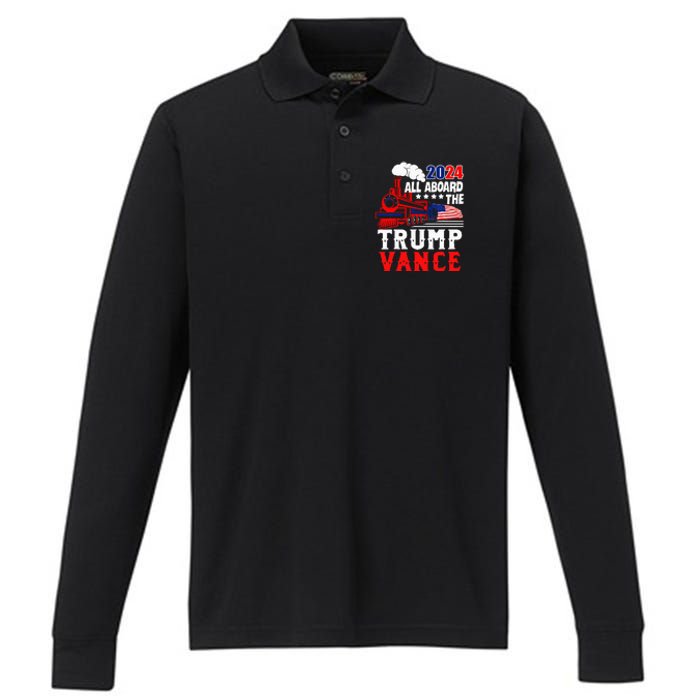 All Aboard The Trump Train 2024 Usa Flag Trump Vance 2024 Performance Long Sleeve Polo