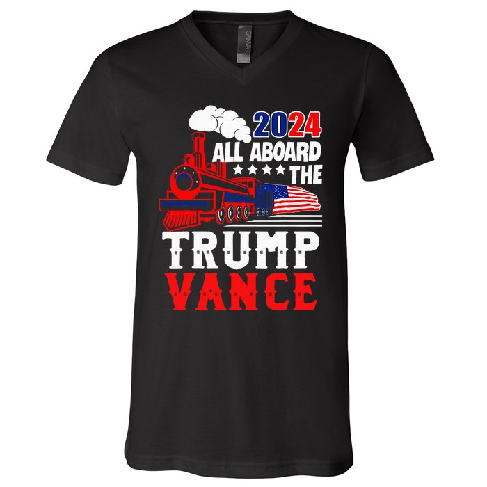 All Aboard The Trump Train 2024 Usa Flag Trump Vance 2024 V-Neck T-Shirt