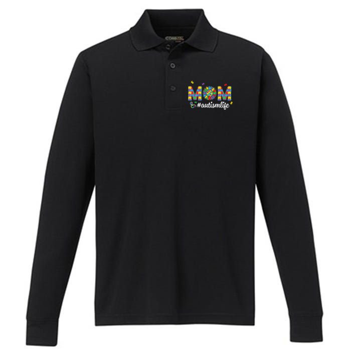 Autism Awareness Tee Mom Life For Autism Mom Performance Long Sleeve Polo