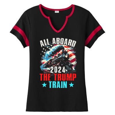 All Aboard The Trump Train 2024 Trump 2024 Us American Flag Ladies Halftime Notch Neck Tee