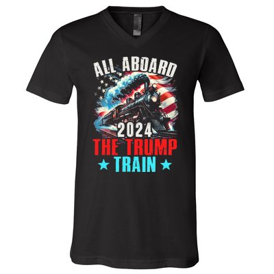 All Aboard The Trump Train 2024 Trump 2024 Us American Flag V-Neck T-Shirt