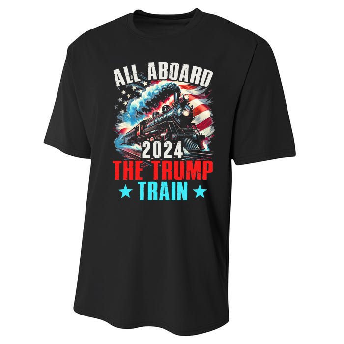 All Aboard The Trump Train 2024 Trump 2024 Us American Flag Performance Sprint T-Shirt