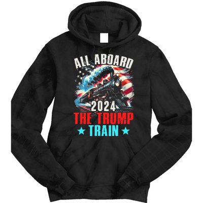 All Aboard The Trump Train 2024 Trump 2024 Us American Flag Tie Dye Hoodie