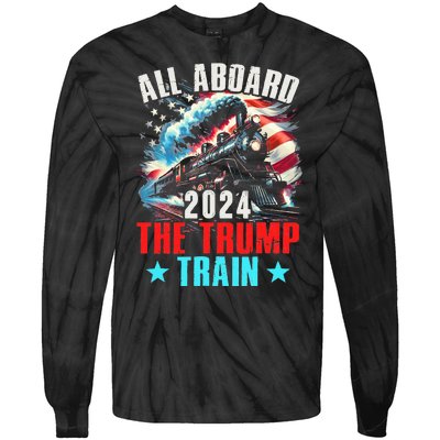 All Aboard The Trump Train 2024 Trump 2024 Us American Flag Tie-Dye Long Sleeve Shirt