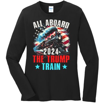 All Aboard The Trump Train 2024 Trump 2024 Us American Flag Ladies Long Sleeve Shirt