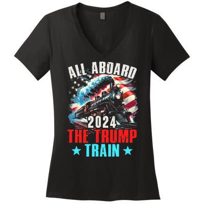 All Aboard The Trump Train 2024 Trump 2024 Us American Flag Women's V-Neck T-Shirt