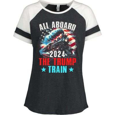 All Aboard The Trump Train 2024 Trump 2024 Us American Flag Enza Ladies Jersey Colorblock Tee