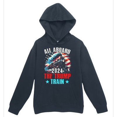 All Aboard The Trump Train 2024 Trump 2024 Us American Flag Urban Pullover Hoodie