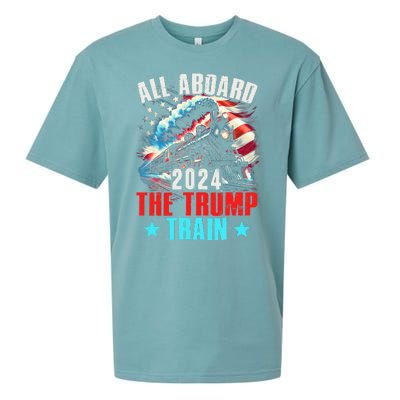 All Aboard The Trump Train 2024 Trump 2024 Us American Flag Sueded Cloud Jersey T-Shirt