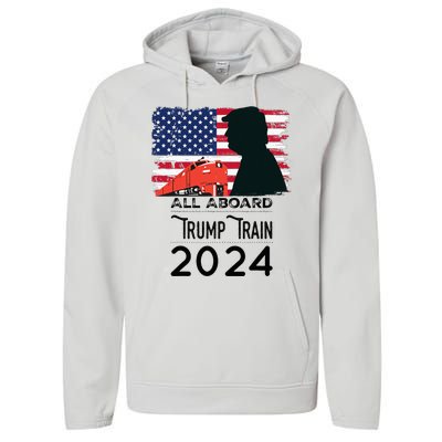 All Aboard Trump Train 2024 Vintage American Flag Apparel Performance Fleece Hoodie