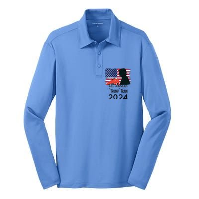 All Aboard Trump Train 2024 Vintage American Flag Apparel Silk Touch Performance Long Sleeve Polo