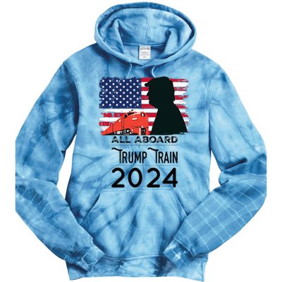 All Aboard Trump Train 2024 Vintage American Flag Apparel Tie Dye Hoodie