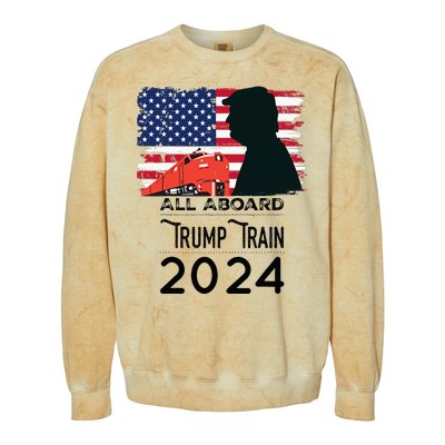 All Aboard Trump Train 2024 Vintage American Flag Apparel Colorblast Crewneck Sweatshirt