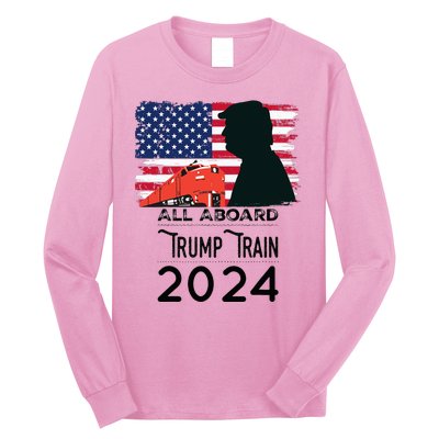 All Aboard Trump Train 2024 Vintage American Flag Apparel Long Sleeve Shirt