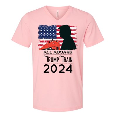 All Aboard Trump Train 2024 Vintage American Flag Apparel V-Neck T-Shirt