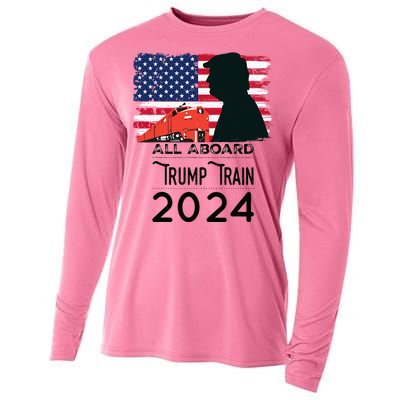 All Aboard Trump Train 2024 Vintage American Flag Apparel Cooling Performance Long Sleeve Crew