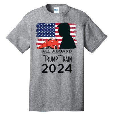 All Aboard Trump Train 2024 Vintage American Flag Apparel Tall T-Shirt