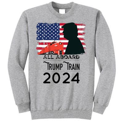 All Aboard Trump Train 2024 Vintage American Flag Apparel Tall Sweatshirt