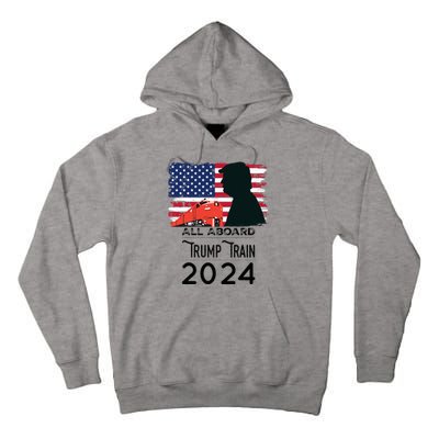 All Aboard Trump Train 2024 Vintage American Flag Apparel Tall Hoodie