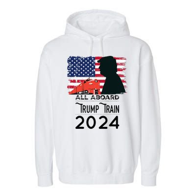 All Aboard Trump Train 2024 Vintage American Flag Apparel Garment-Dyed Fleece Hoodie