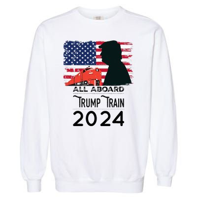 All Aboard Trump Train 2024 Vintage American Flag Apparel Garment-Dyed Sweatshirt