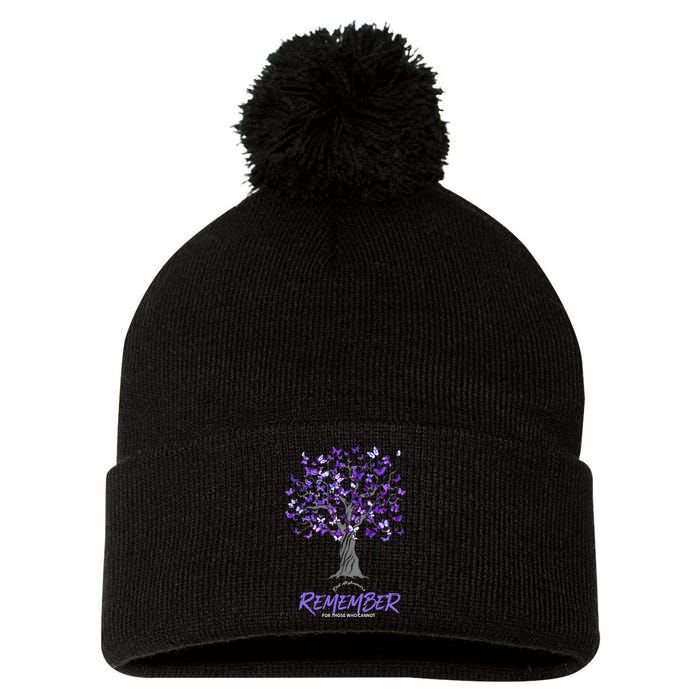 Alzheimer Awareness Tee For Men And Women Purple Butterfly Pom Pom 12in Knit Beanie