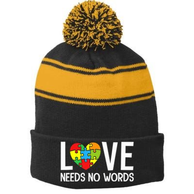 Autism Awareness Teacher Shirt Love Needs No Word Special Ed Stripe Pom Pom Beanie