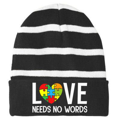 Autism Awareness Teacher Shirt Love Needs No Word Special Ed Striped Beanie with Solid Band