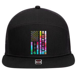 Autism Awareness Tie Dye USA American Flag 7 Panel Mesh Trucker Snapback Hat