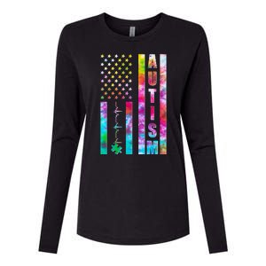 Autism Awareness Tie Dye USA American Flag Womens Cotton Relaxed Long Sleeve T-Shirt