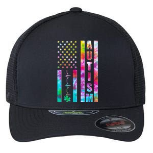 Autism Awareness Tie Dye USA American Flag Flexfit Unipanel Trucker Cap