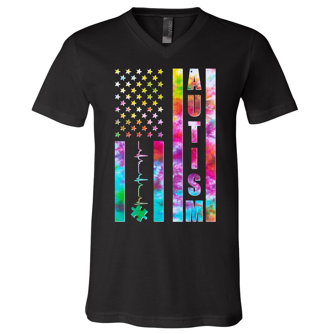 Autism Awareness Tie Dye USA American Flag V-Neck T-Shirt
